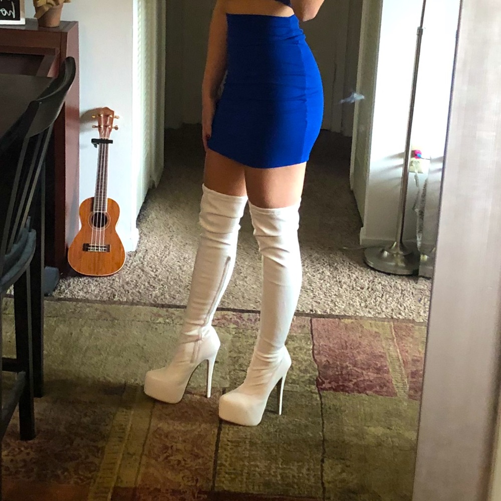 White Pleather Knee high heel boots